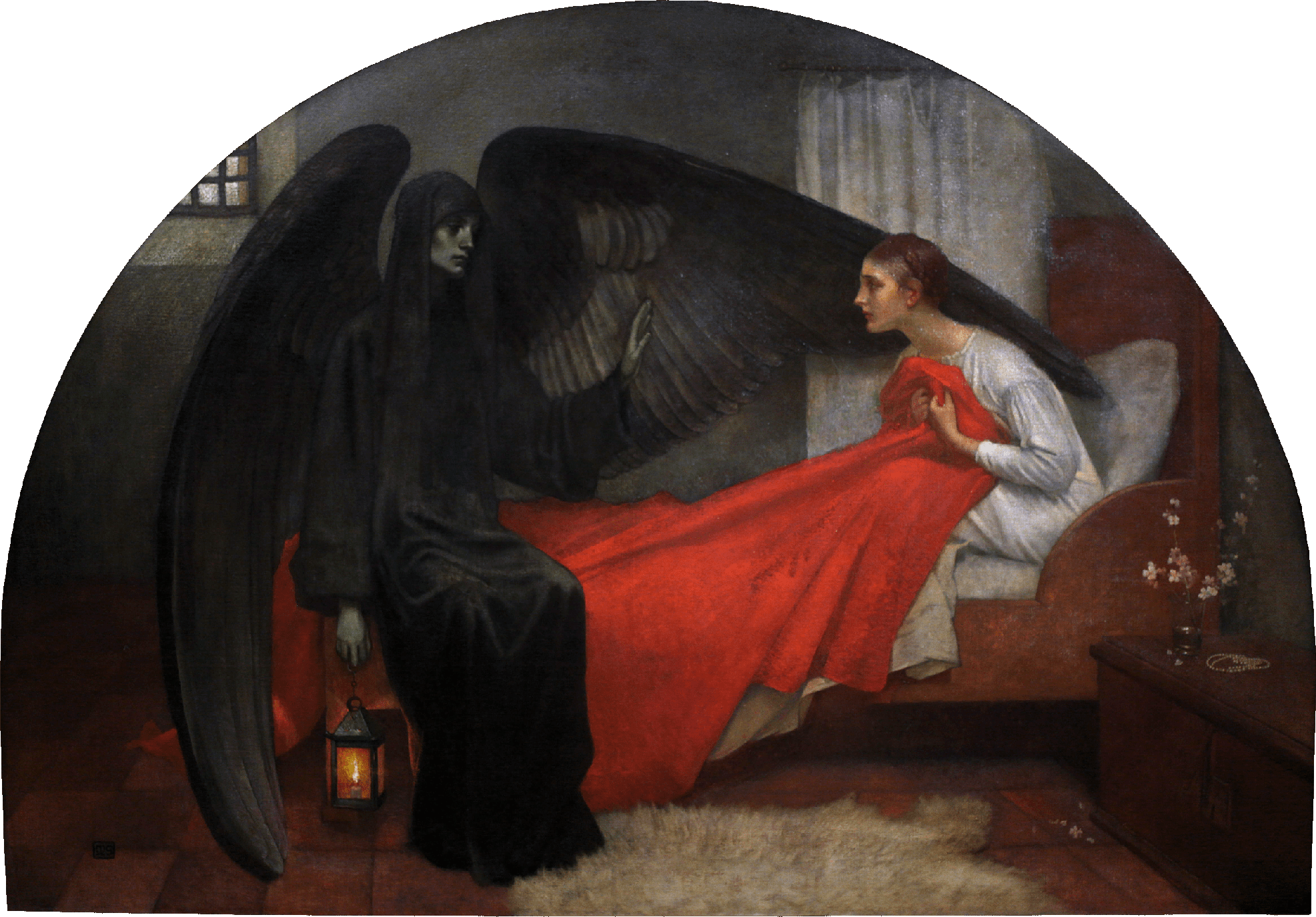 Oil painting of a black robed winged figure seated at the end of a young woman's bed.